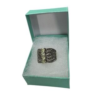 Vintage Sterling Silver 925 NM Marcasite Green Peridot Style Ring Size 9
